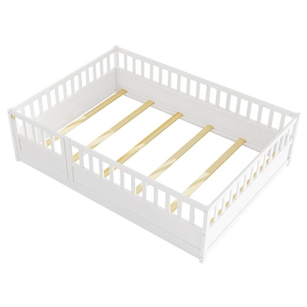 Full size  Floor bed, integral construction with super high security barrier, door, children's floor bed frame, Montessori wooden children's floor bed, Support slat white