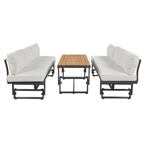 3-Piece Modern Multi-Functional Outdoor Sectional Sofa Set with Height-adjustable Seating and Coffee Table for Patio, Garden and Backyard (Beige)