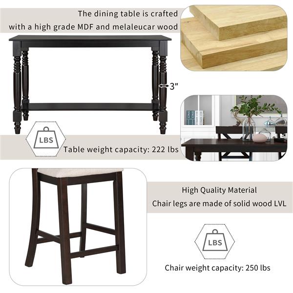 6-Piece Counter Height Dining Table Set Table with Shelf 4 Chairs and Bench for Dining Room (Espresso)