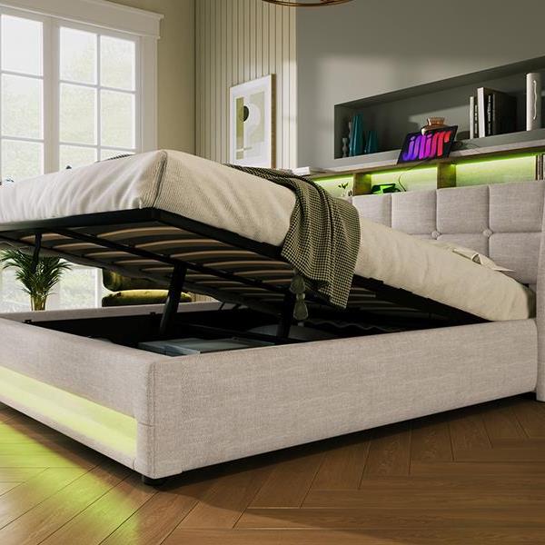 Queen size Upholstered Platform bed with a Hydraulic Storage System, LED and USB Charging, Natural (without mattress)