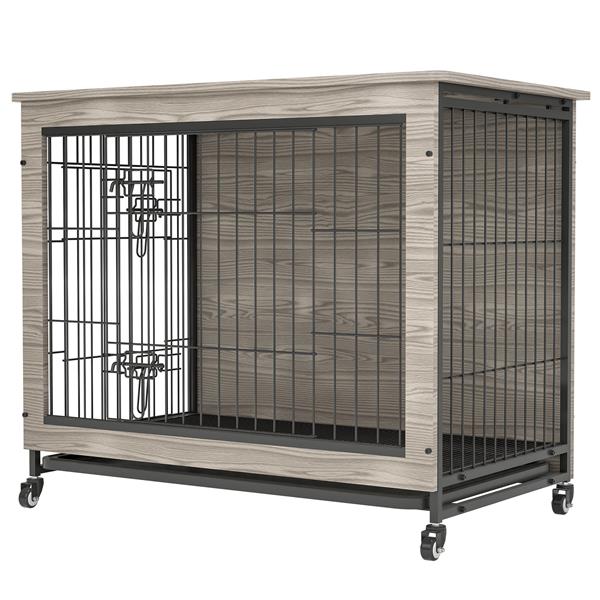 23.6"L X 20"W X 26"H Dog Crate Furniture with Cushion, Wooden Dog Crate Table, Double-Doors Dog Furniture, Dog Kennel Indoor for Small Dog, Dog House, Dog Cage Small,  Rustic Brown Grey