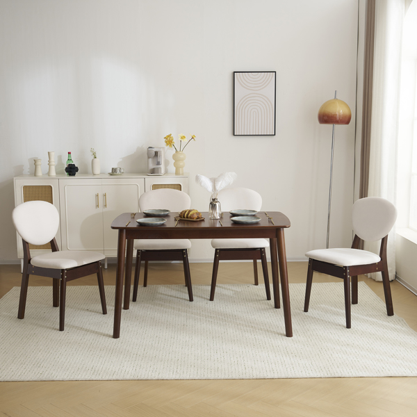 Rubber wood soft bag deep walnut dining table and chair set 1 table 4 chairs beige cushion rectangular