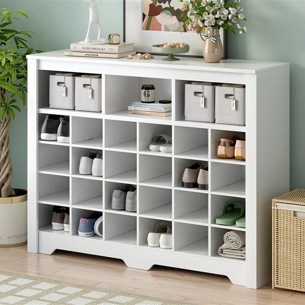 Sleek Design 24 Shoe Cubby Console, Modern Shoe Cabinet with Curved Base, Versatile Sideboard with High-quality for Hallway, Bedroom, Living Room, White