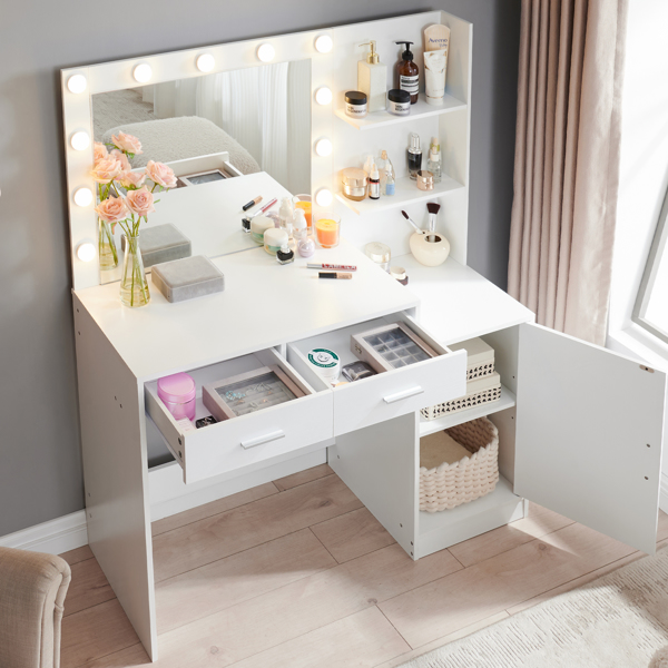 Vanity Desk with Mirror and Lights, 46.4IN Dressing Table with 2 Large Drawer&Large Vertical Organizer, 3 Level Dresser & 3 Lighting Modes Adjustable Brightness, Suitable for Bedroom(White) 