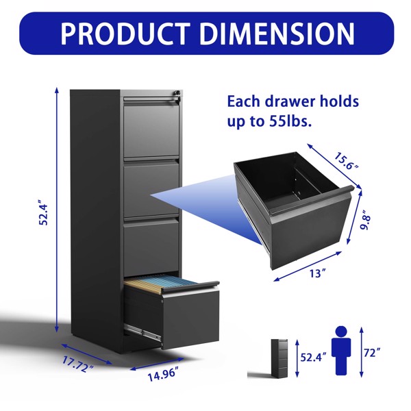 4 Drawer Metal Vertical File Cabinet with Lock Office Home Steel Vertical File Cabinet for A4 Legal/Letter Size 