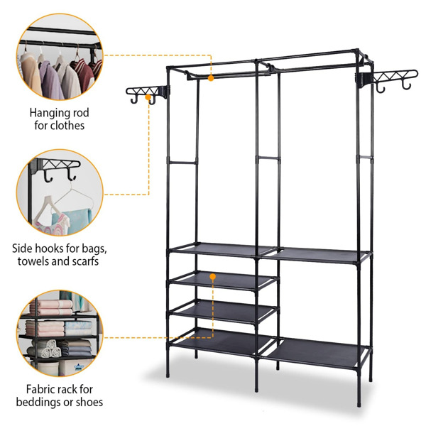 Clothing Rack Clothes Rack, 66'' Multifunctional Garment Rack for Hanging Clothes, 4 Tiers Portable Closet Rack with 4 Hooks & 2 Hanging Rods, Coated Metal Freestanding Closet Wardrobe System