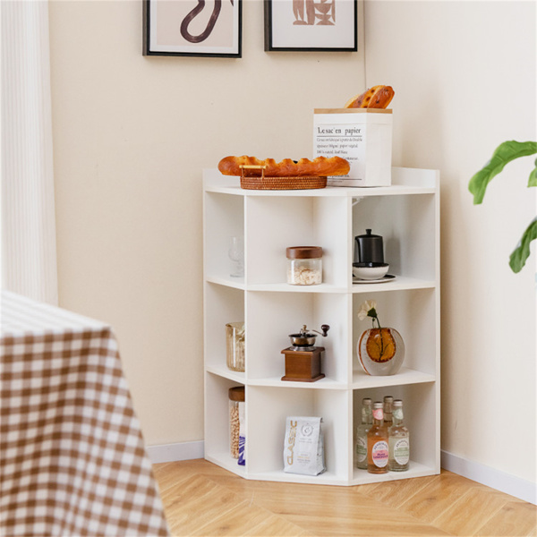 White  three-layer corner cabinet with charging station