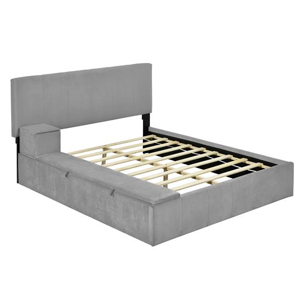 Full Size Upholstered Platform Bed with Lateral Storage Compartments and Thick Fabric, Velvet, Gray