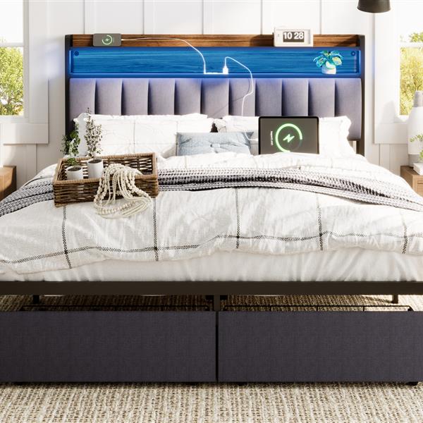 Full Bed Frames with Storage Headboard and Drawers, LED Platform Bed Frame Full Size, LED Upholstered Bed Frame  with Charging Station, No Box Spring Needed, Easy Assembly, Grey