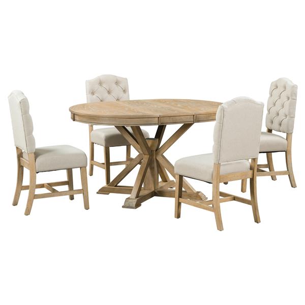 Functional Furniture Retro Style Dining Table Set with Extendable Table and 4 Upholstered Chairs for Dining Room and Living Room(Natural Wood Wash)