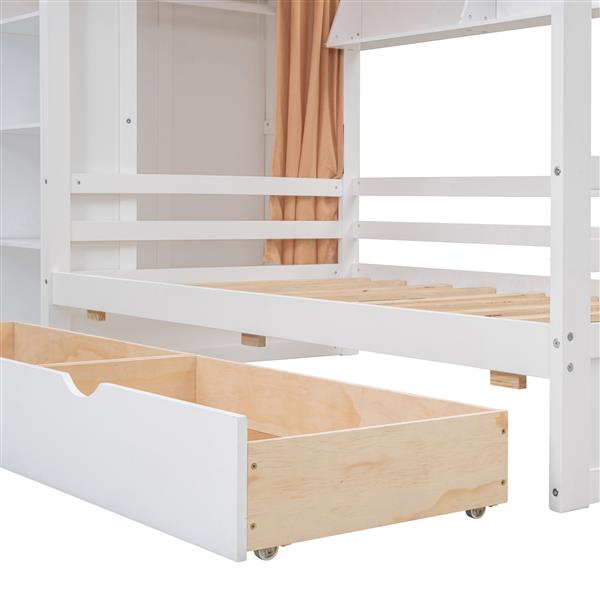 Twin size House Bed with Two Drawers and Wardrobe,White