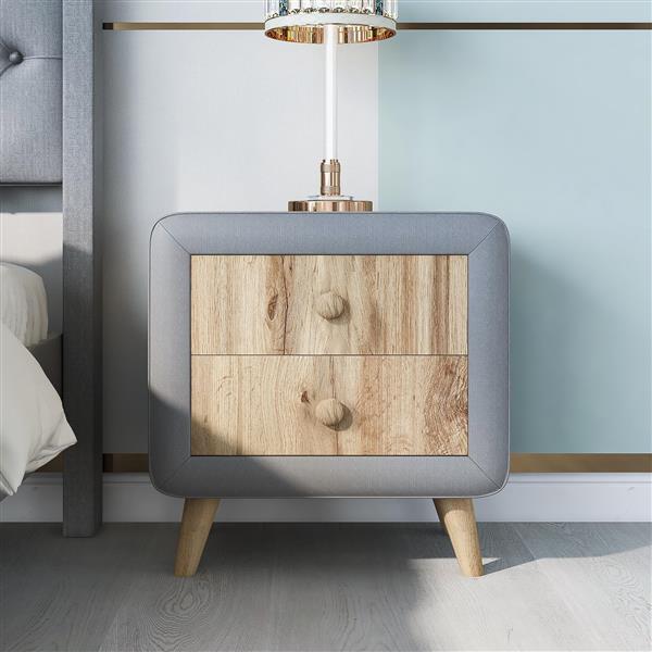 Upholstered Wooden Nightstand with 2 Drawers,Fully Assembled Except Legs and Handles,Bedside Table with Rubber Wood Leg-Gray