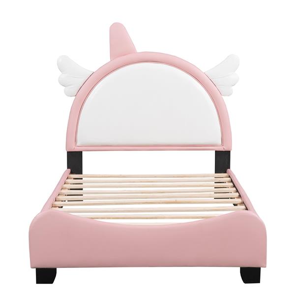 Cute Twin size Upholstered Bed With Unicorn Shape Headboard,Twin Size Platform Bed with Headboard and Footboard,White+Pink