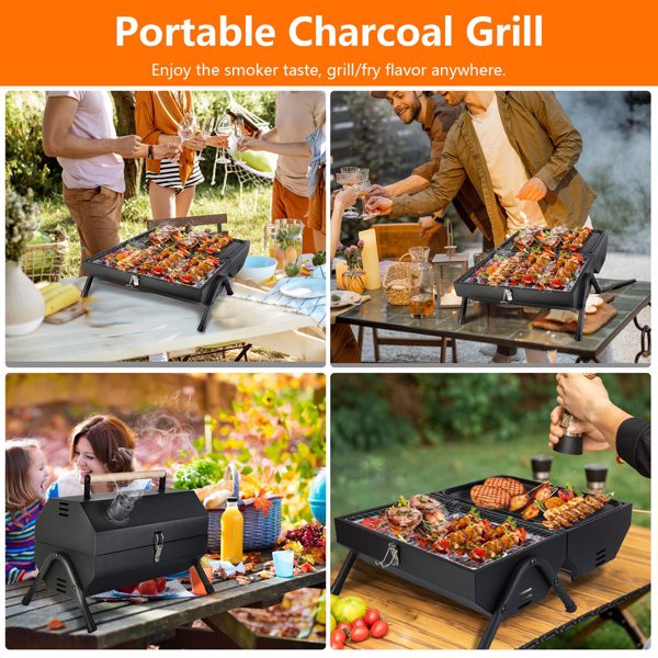 Portable Charcoal Grill Two Side Small BBQ Grill Folding Outdoor Stove Barbecue Smoker with 1Pc Grill Pan 2Pcs Grill Mesh