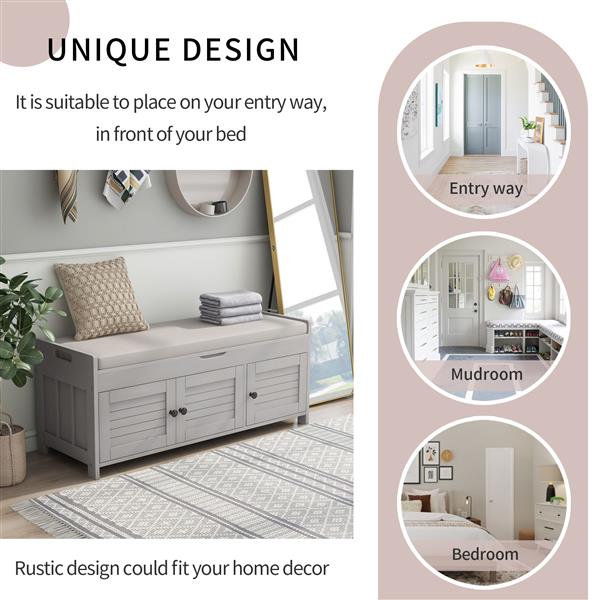 Storage Bench with 3 Shutter-shaped Doors, Shoe Bench with Removable Cushion and Hidden Storage Space (Gray Wash)