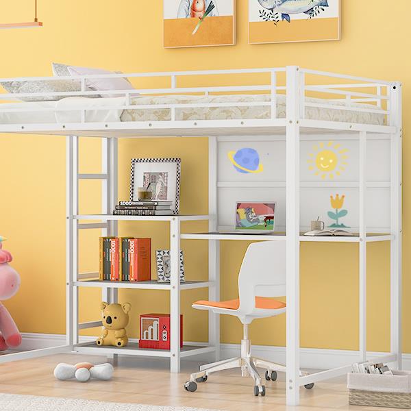 Full Size Loft Bed with Desk and Whiteboard, Metal Loft Bed with 3 Shelves and Ladder, White