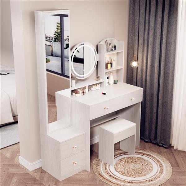 Full Body Mirror Cabinet + Round Mirror LED Vanity Table + Cushioned Stool, 17" diameter LED Mirror, Touch Control, 3-color, Brightness adjustable, Large desktop, Multi-layer High Capacity Storage