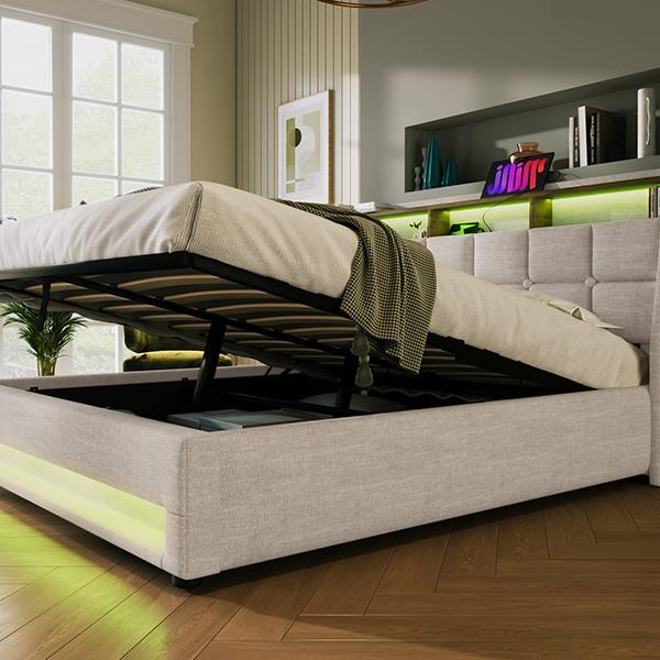 Full size Upholstered Platform bed with a Hydraulic Storage System, LED and USB Charging, Natural (without mattress)