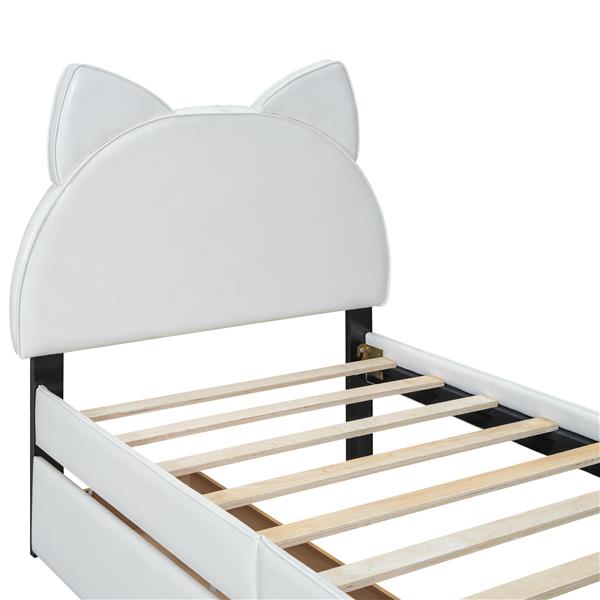 Twin Size Upholstered Platform Bed with Cartoon Ears Shaped Headboard and 2 Drawers, White