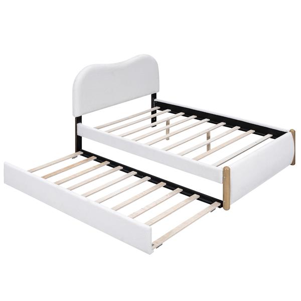 Full Size Upholstered Platform Bed with Wood Supporting Feet and Twin Size Trundle, White