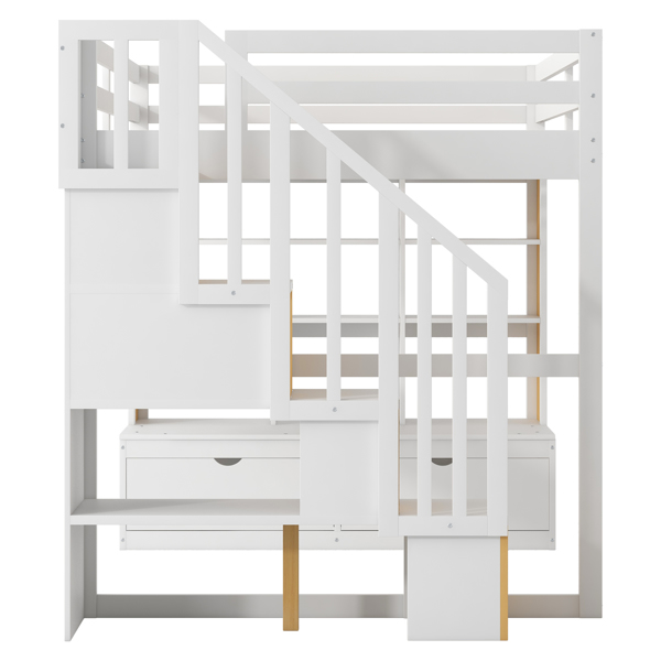 Full Size Loft Bed with Desk and Shelves, Two Built-in Drawers, Storage Staircase, White and Natural 