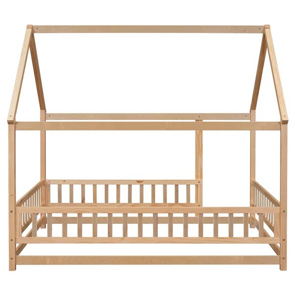 Full Size Floor Wooden Bed with House Roof Frame, Fence Guardrails ,Natural