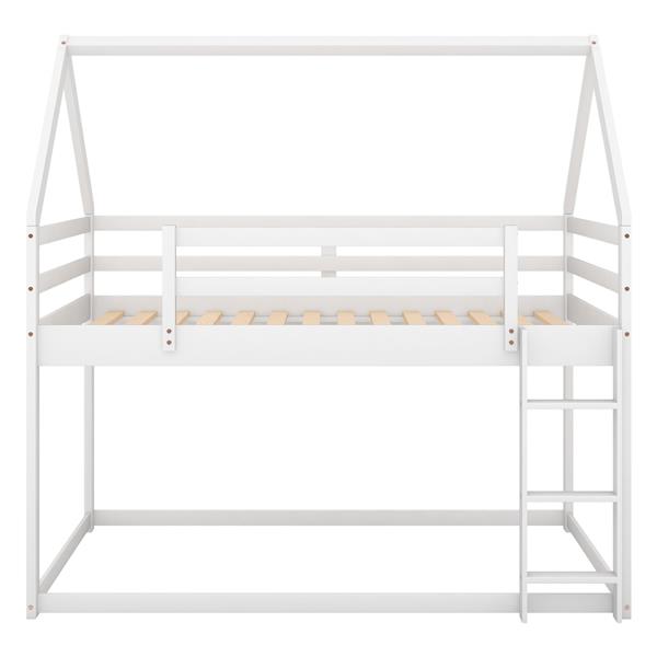 Twin over Twin Low Bunk Bed, House Bed with Ladder , White