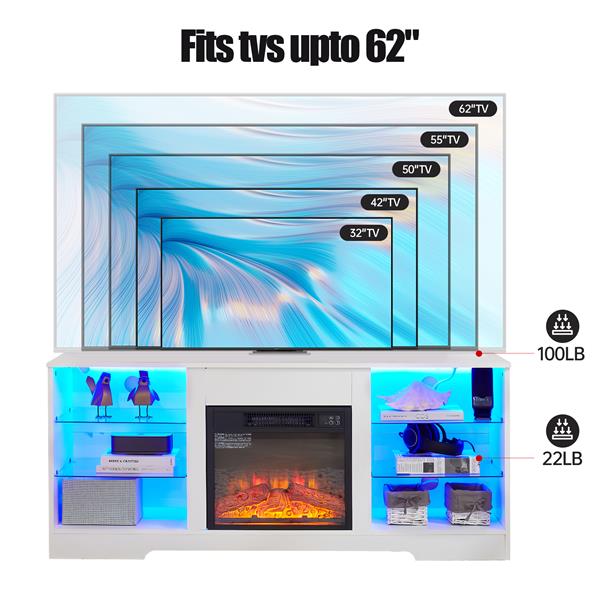 TV Stand Electric Fireplace TV Stand with Glass Shelves, 3D Fireplace TV Stand with LED Lights Wood with USB Charging Outlet Modern Television Table Center for TV up to 32-62" White 58''W*15.5''D*24.4