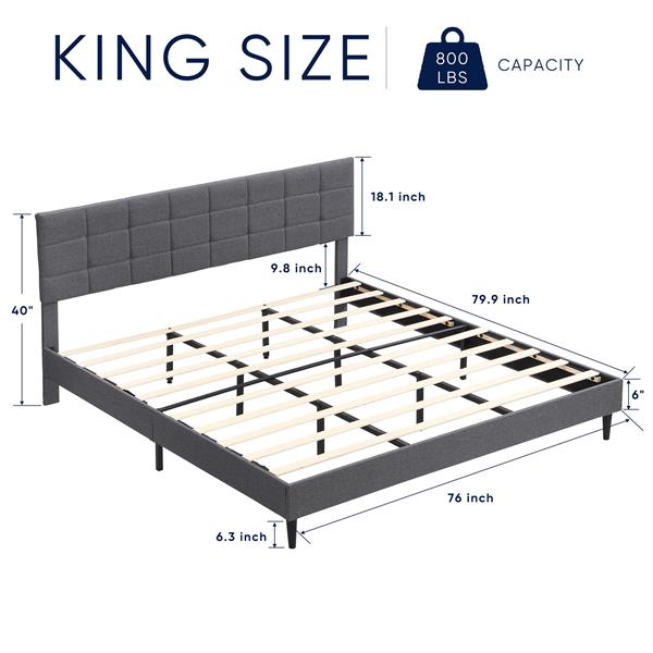 King Size Platform Bed Frame with Fabric Upholstered Headboard and Wooden Slats, No Box Spring Needed/Easy Assembly, Dark Grey