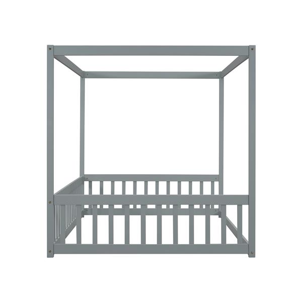 Full Size Canopy Frame Floor Bed with Fence, Guardrails,Grey