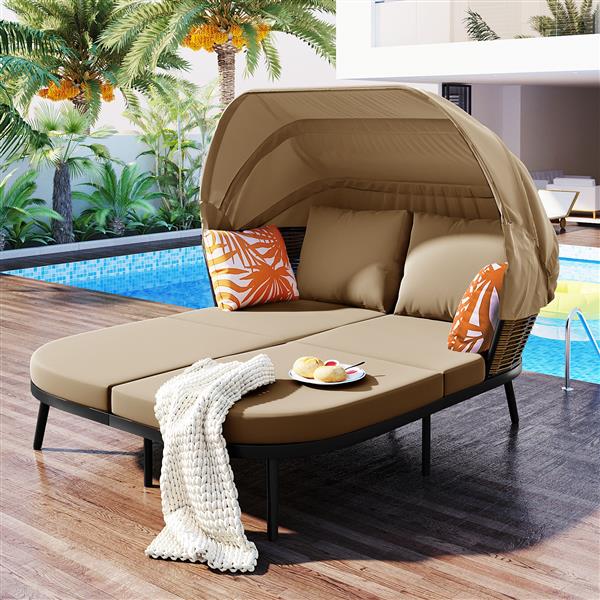 74.8" L Patio Daybed with Retractable Canopy, Outdoor Rattan PE Wicker Back Loveseat Sofa Set with Throw Pillows and Cushions for Backyard, Poolside, Garden, Brown