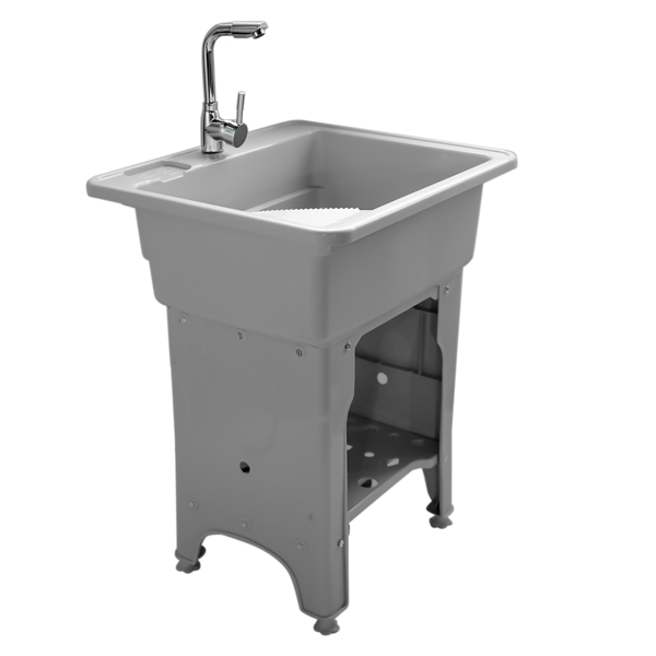 Gray Freestanding Plastic Utility Sinks Utility Sink Laundry Tub Outdoor Sink Drop in Deep Sink Kit with Inlet Pipe and Drain Pipe