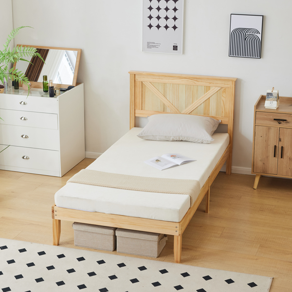 Twin Size Solid Wood Platform Bed Frame with Headboard Natural