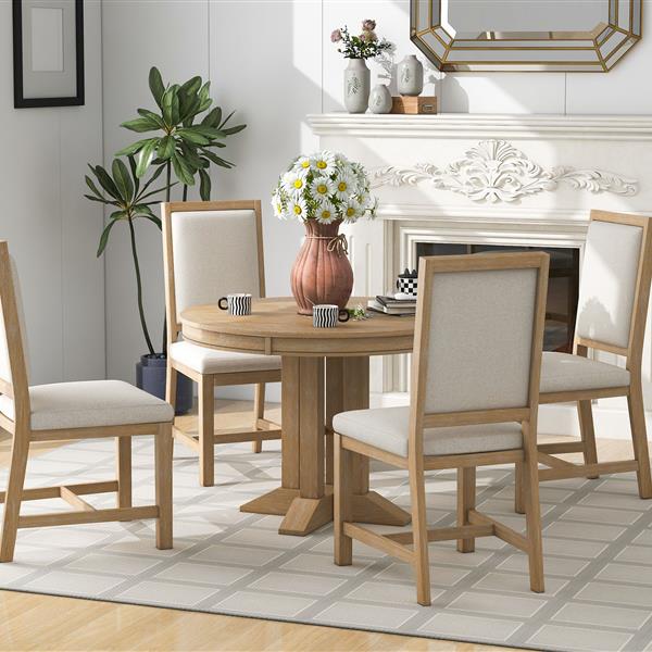 5-Piece Dining Set Extendable Round Table and 4 Upholstered Chairs Farmhouse Dining Set for Kitchen, Dining Room(Natural Wood Wash)