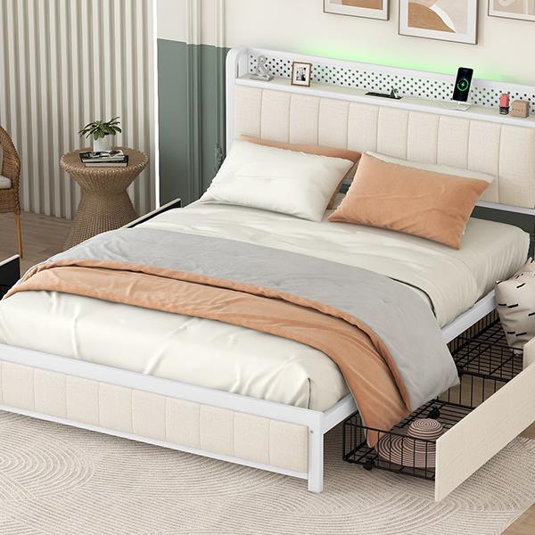 Queen Bed Frame with LED Headboard, Upholstered Bed with 4 Storage Drawers and USB Ports, Beige