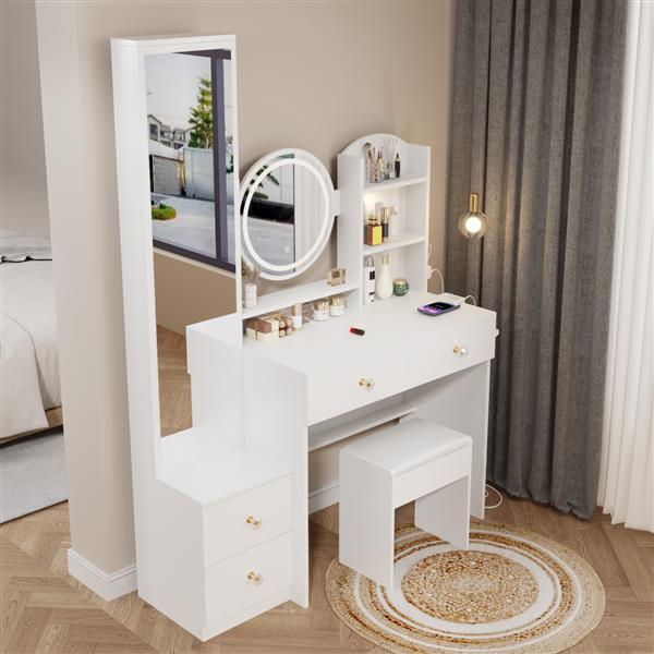 Full Body Mirror Cabinet + Round Mirror LED Vanity Table + Cushioned Stool, With 2 AC + 2 USB Power Station,17" diameter LED Mirror, Touch Control, 3-color, Brightness adjustable, Large desktop