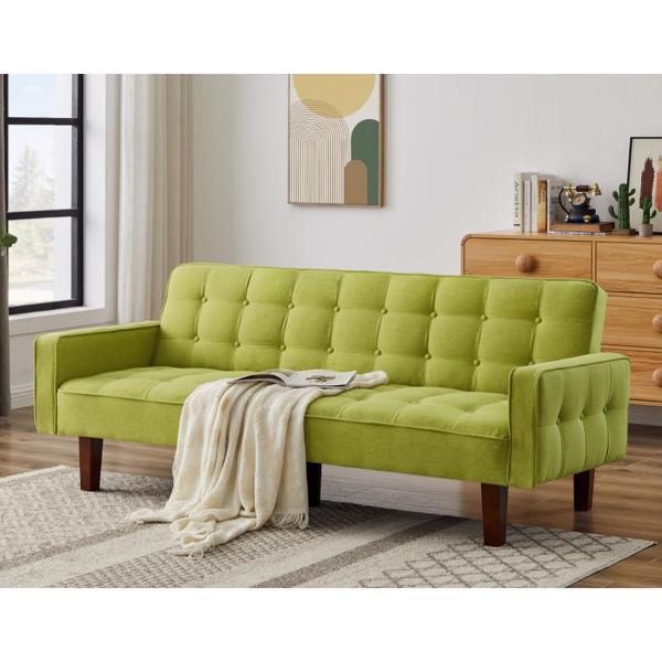 Green, Linen Futon Sofa Bed 73.62 Inch Fabric Upholstered Convertible Sofa Bed, Minimalist Style for Living Room, Bedroom.