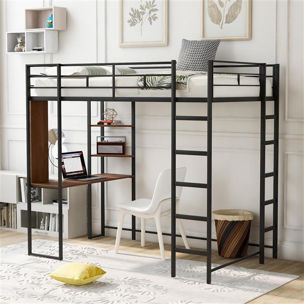 Twin Metal Loft Bed with 2 Shelves and one Desk ,BLACK