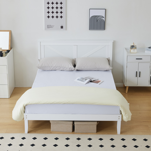 Full Size Solid Wood Platform Bed Frame with Headboard White