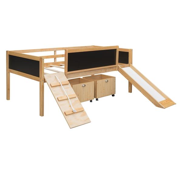 Twin size Loft Bed Wood Bed with Two Storage Boxes - Natrual