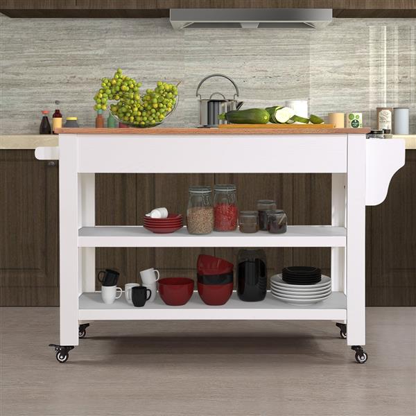 57 inch Rolling Kitchen Island with Storage,Kitchen Cart with Solid OAK Wood Top,Two-sided Kitchen island Cart on Wheels ,Wine and Spice Rack, Large Kitchen Cart with 2 Drawers, Milk White+Natural Top