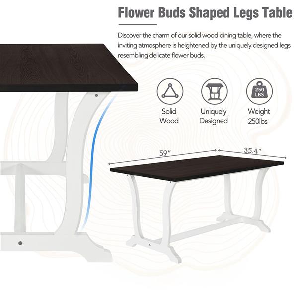 Farmhouse 6-Piece Trestle Dining Table Set with Upholstered Dining Chairs and Bench, 59inch, White