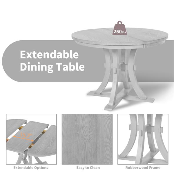 5-Piece Rustic Round Pedestal Extendable Dining Table Set with 15.7" Removable Leaf and Simple Dining Chirs for Small Places, Gray