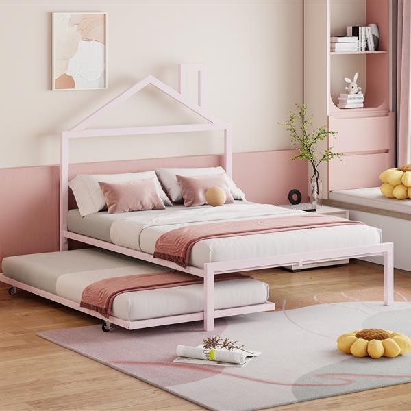 Full Size Metal Platform Bed with twin size trundle,House-Shaped Headboard Design, Pink