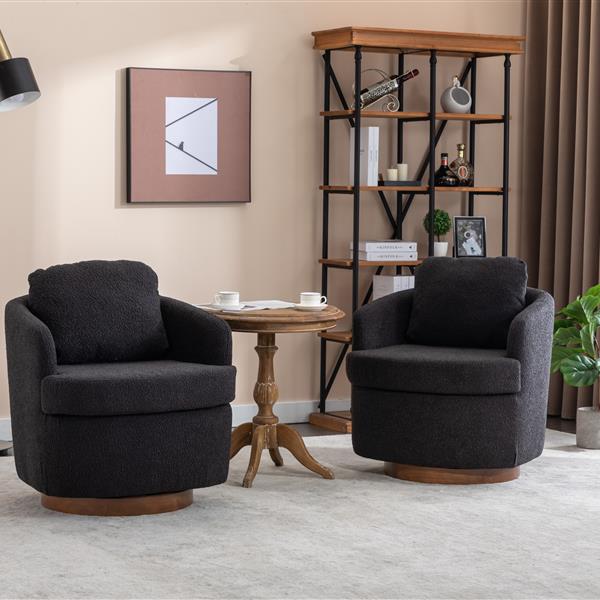 035-Boucle Fabric Swivel Chair With Soild Wood Round Brown Base Leg,Black