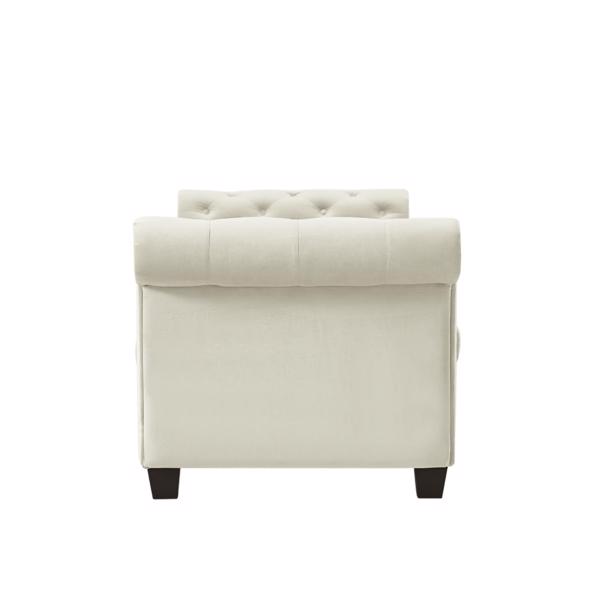 Ivory, Solid Wood Legs Velvet Rectangular Sofa Bench with Attached Cylindrical Pillows