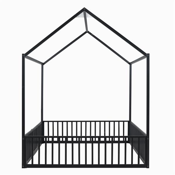 Full Size Metal House Bed with Fence and Door, Black