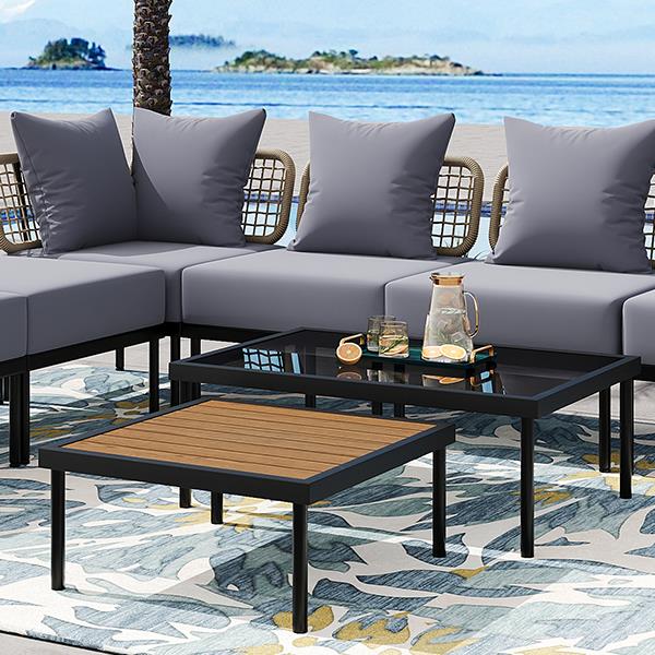 8-Piece Patio Sectional Sofa Set with Tempered Glass Coffee Table and Wooden Coffee Table for Outdoor Oasis, Garden, Patio and Poolside (Light Grey Cushion + Black Steel)