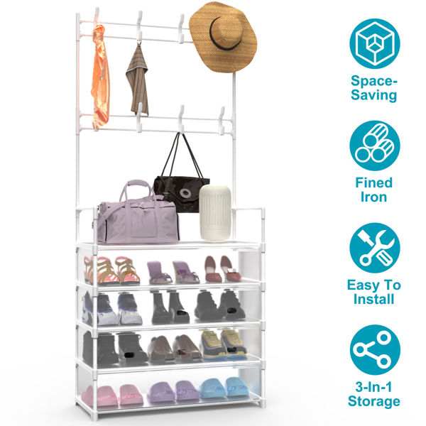 5-Tier Dustproof Entryway Hall Tree Coat Rack Shoe Rack With 8 Removable Hooks Freestanding Shoe Storage Shelf Hat Clothes Organizer For Front Door Bedroom Entryway