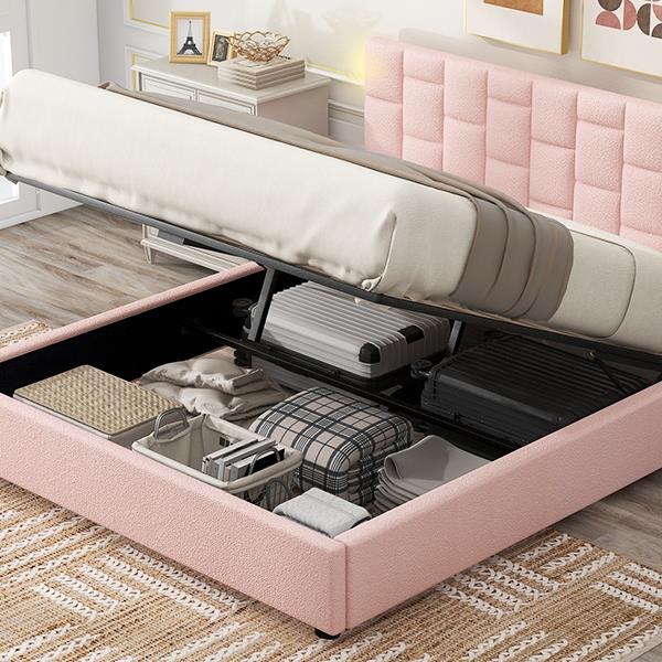 Queen Size Upholstered Platform bed with Height-adjustable Headboard and Under-bed Storage Space,Pink